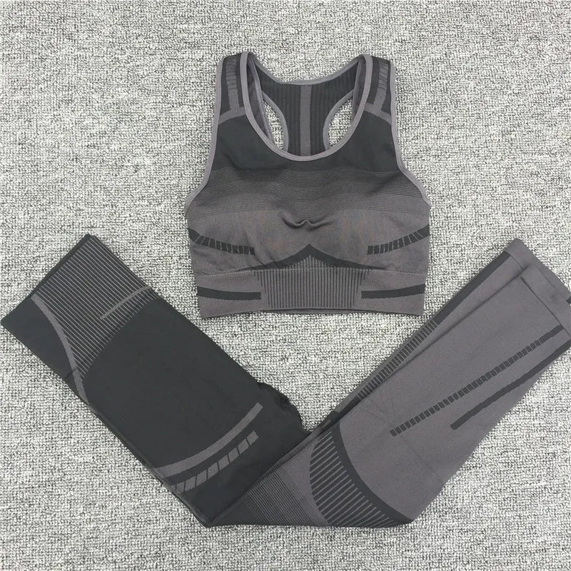 Gym Yoga Set Women Geo Seamless Sport Workout Sports Bra Suit Fitness Crop Tank Top High Waist Pant Long Sleeve Sportswear