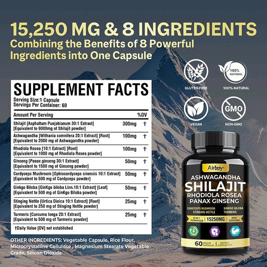 Ashwagandha, Shilajit, Rhodiola, Ginseng Capsules - Increase Muscle Mass, Improve Endurance, Energy Supplement