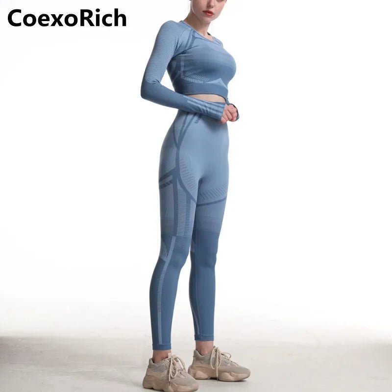 Gym Yoga Set Women Geo Seamless Sport Workout Sports Bra Suit Fitness Crop Tank Top High Waist Pant Long Sleeve Sportswear