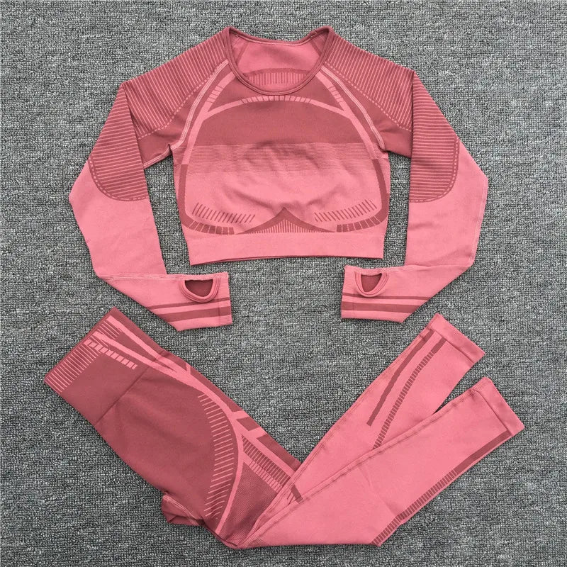 Gym Yoga Set Women Geo Seamless Sport Workout Sports Bra Suit Fitness Crop Tank Top High Waist Pant Long Sleeve Sportswear