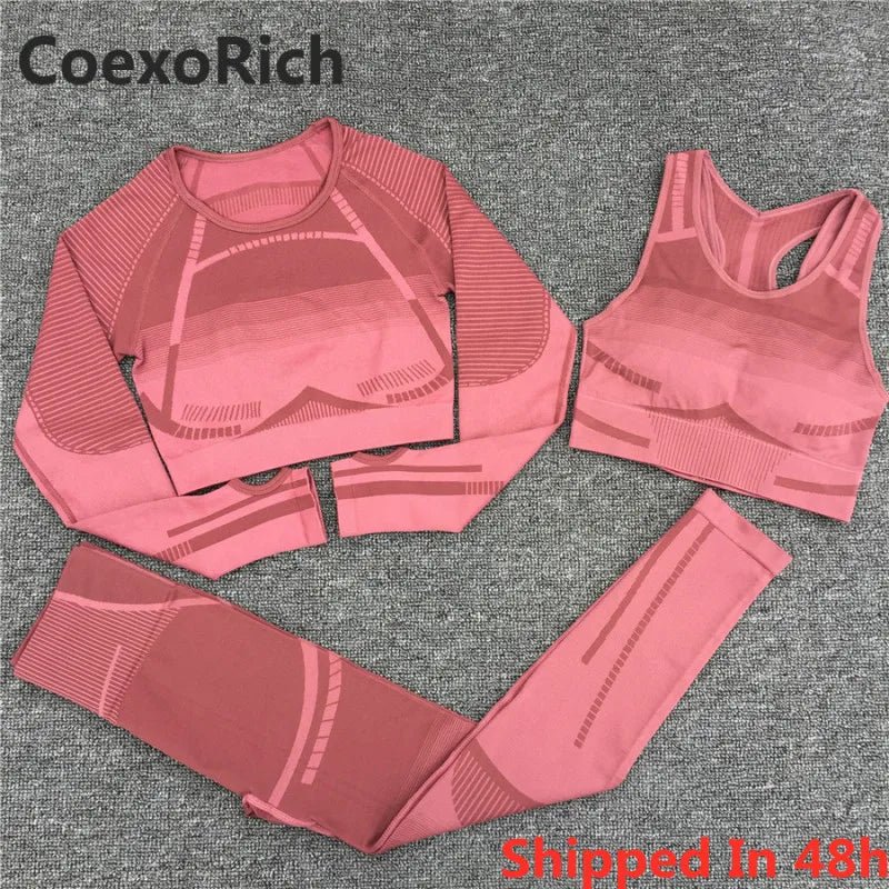 Gym Yoga Set Women Geo Seamless Sport Workout Sports Bra Suit Fitness Crop Tank Top High Waist Pant Long Sleeve Sportswear