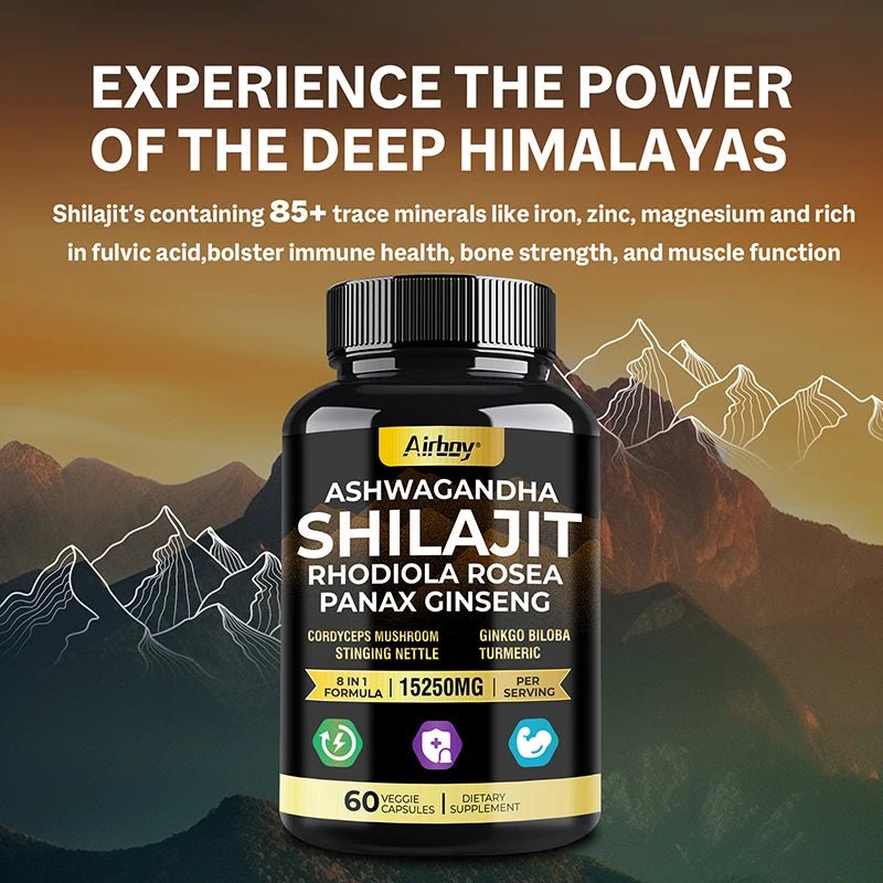 Ashwagandha, Shilajit, Rhodiola, Ginseng Capsules - Increase Muscle Mass, Improve Endurance, Energy Supplement