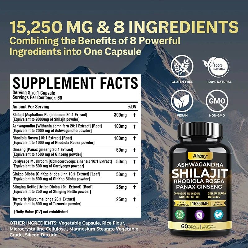 Ashwagandha, Shilajit, Rhodiola, Ginseng Capsules - Increase Muscle Mass, Improve Endurance, Energy Supplement