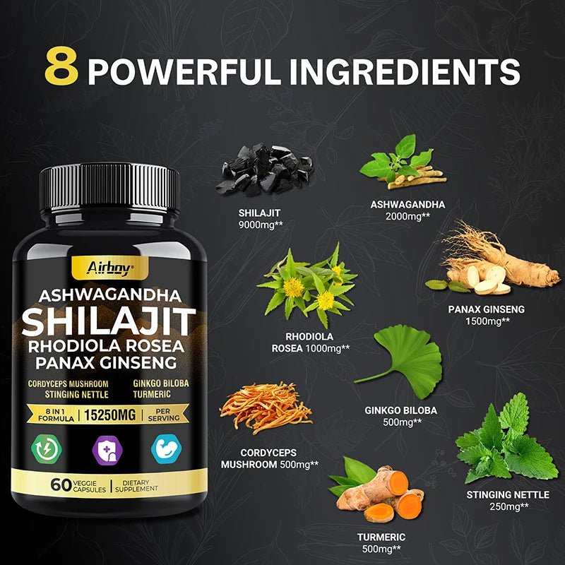 Ashwagandha, Shilajit, Rhodiola, Ginseng Capsules - Increase Muscle Mass, Improve Endurance, Energy Supplement