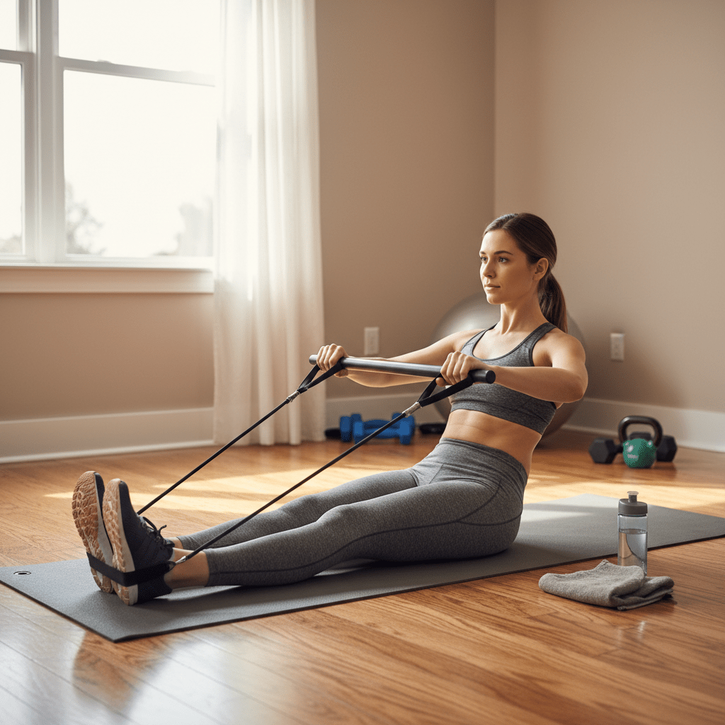 Pessoa usando pilates stick para treino abdominal